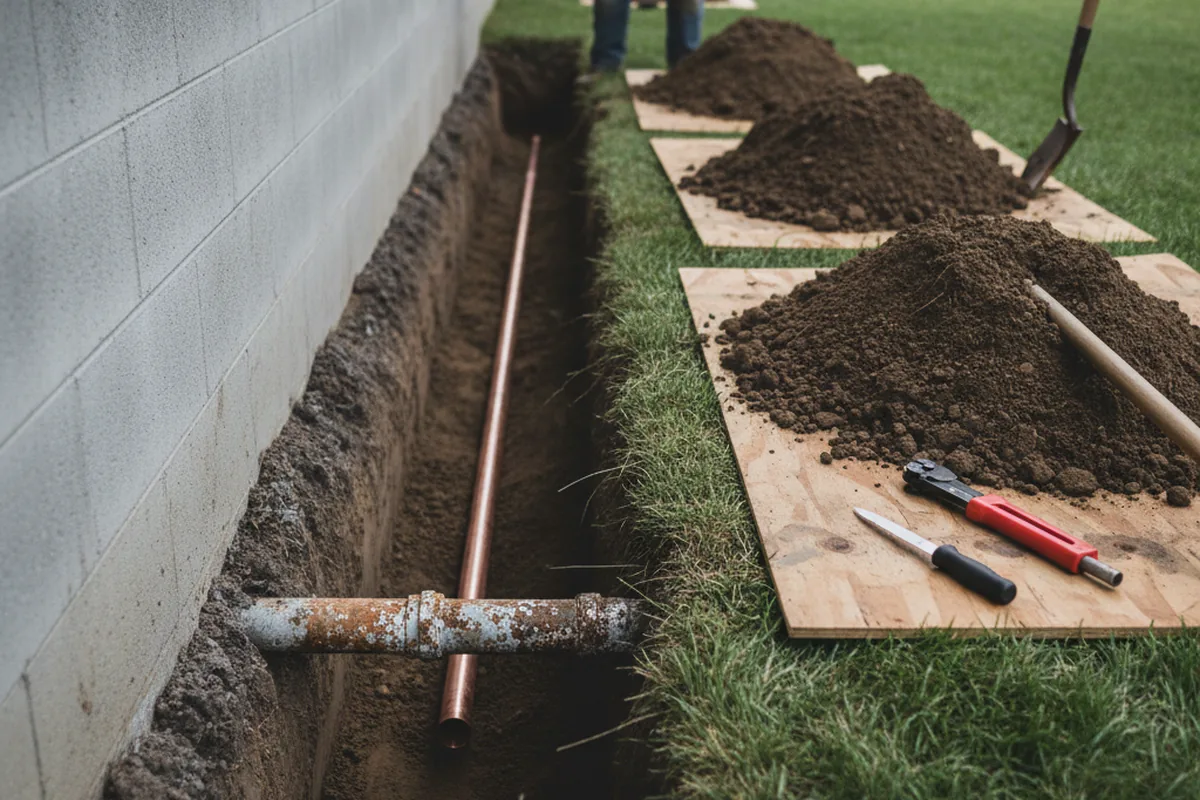 Excavated water line trench during Water Heater Repair in Capistrano Beach